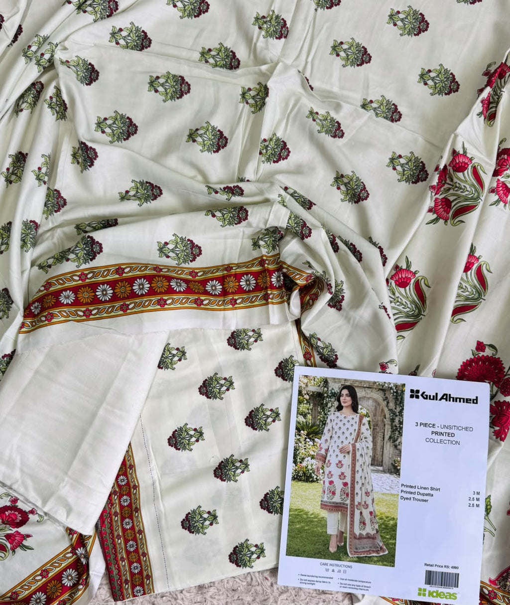 Gul Ahmed Printed Linen Unstitched 3 Piece Suit – Elegant Winter Collection