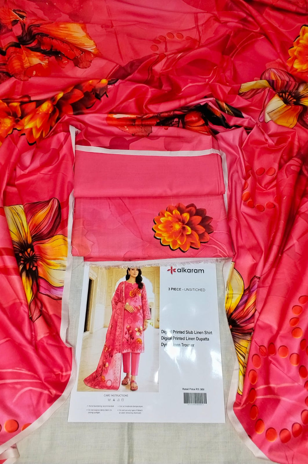 Alkaram Printed Slub Linen 3 Piece Unstitched Suit