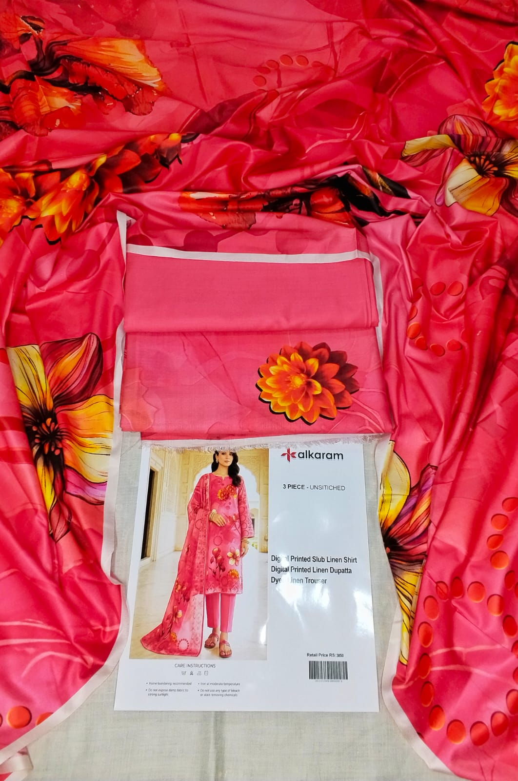 Alkaram Printed Slub Linen 3 Piece Unstitched Suit