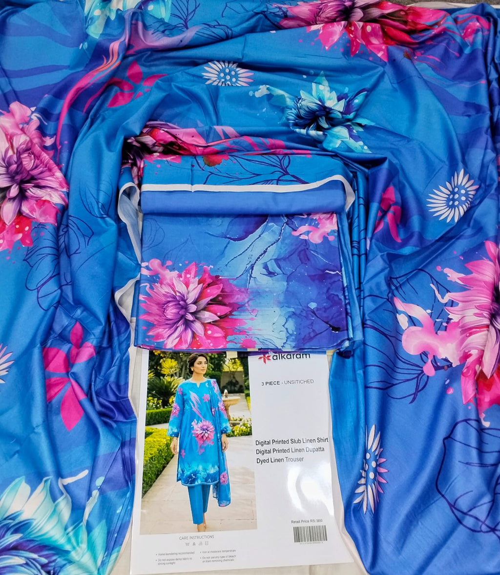 Alkaram Printed Slub Linen 3 Piece Unstitched Suit