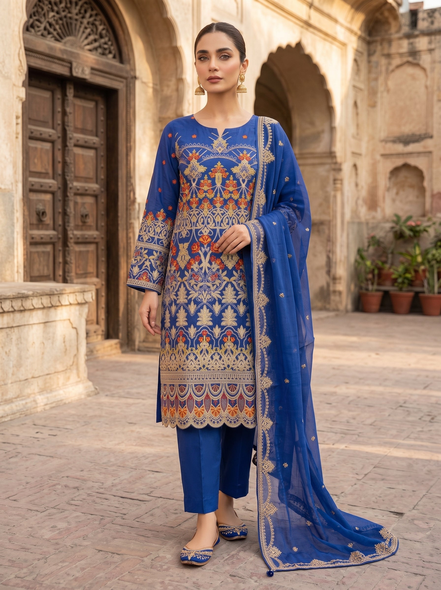 Morning Show Style Royal Blue 3-Piece Unstitched Suit