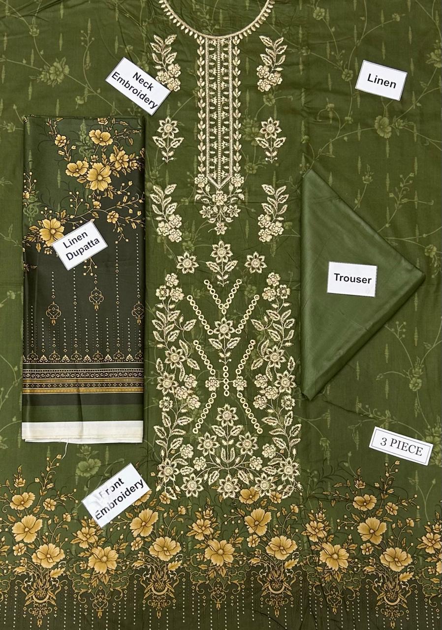 Khaadi Embroidered Printed Linen 3-Piece Suit
