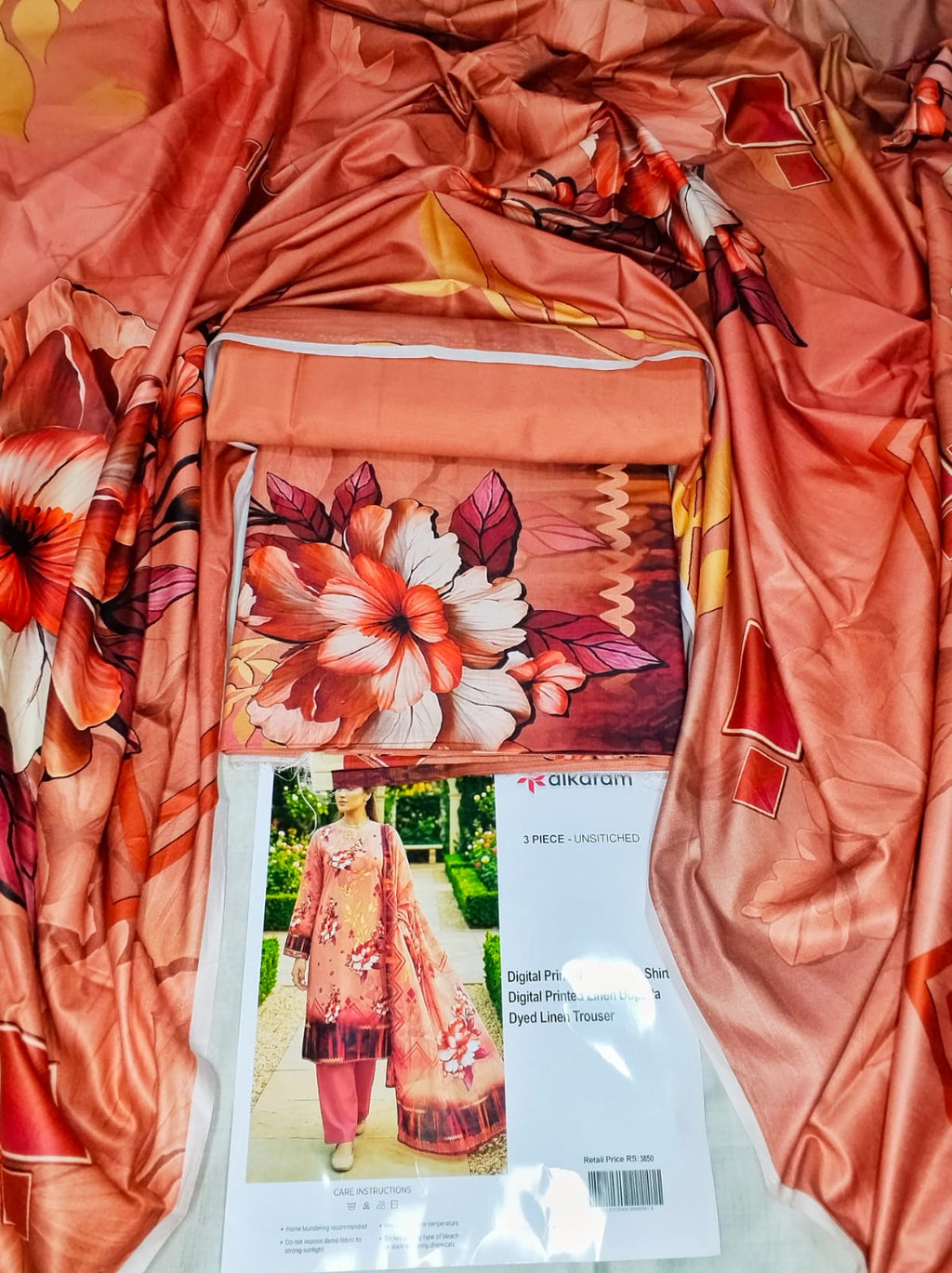 Alkaram Printed Slub Linen 3 Piece Unstitched Suit