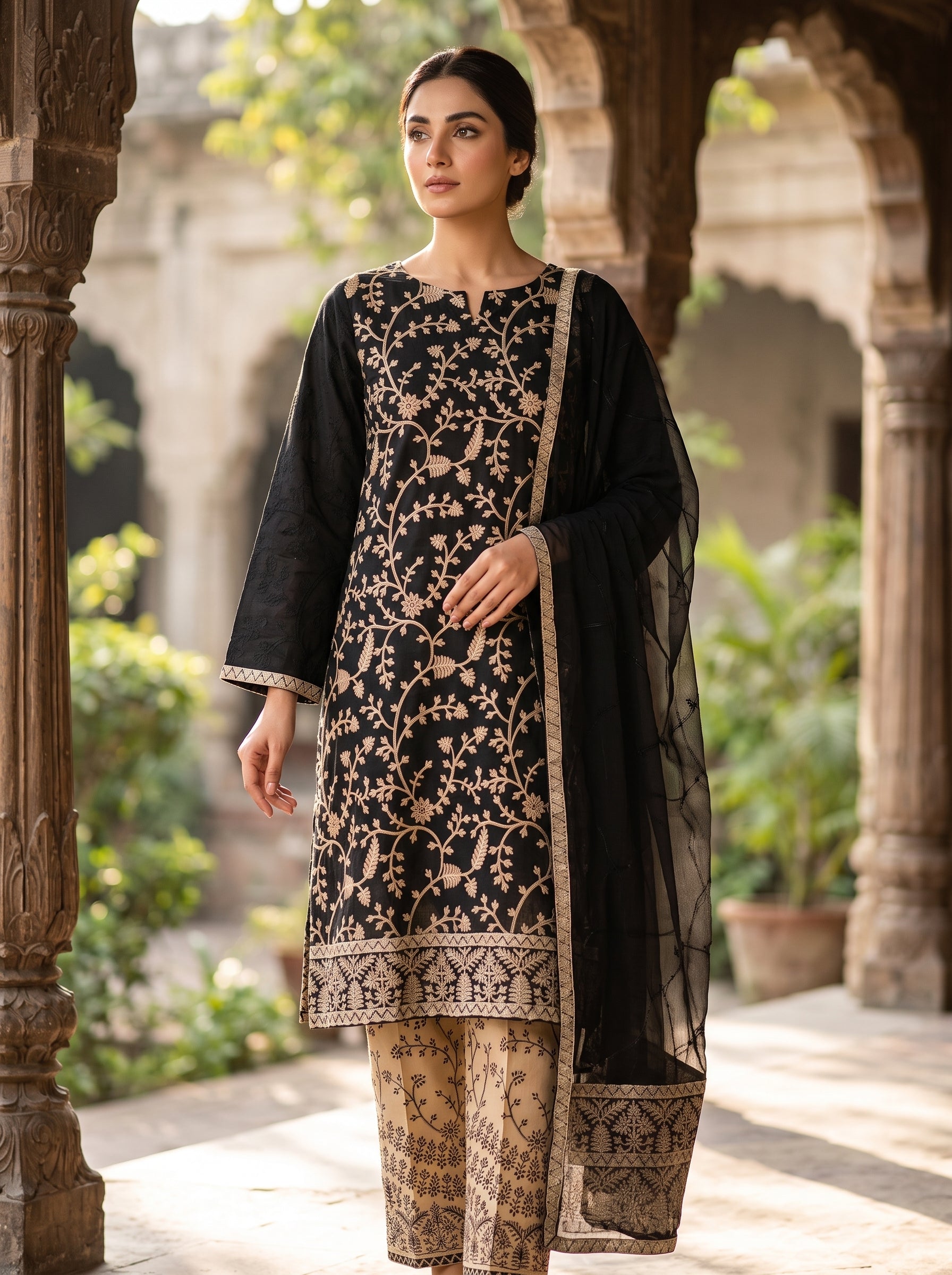 Morning Show Style Black & Beige 3-Piece Unstitched Suit