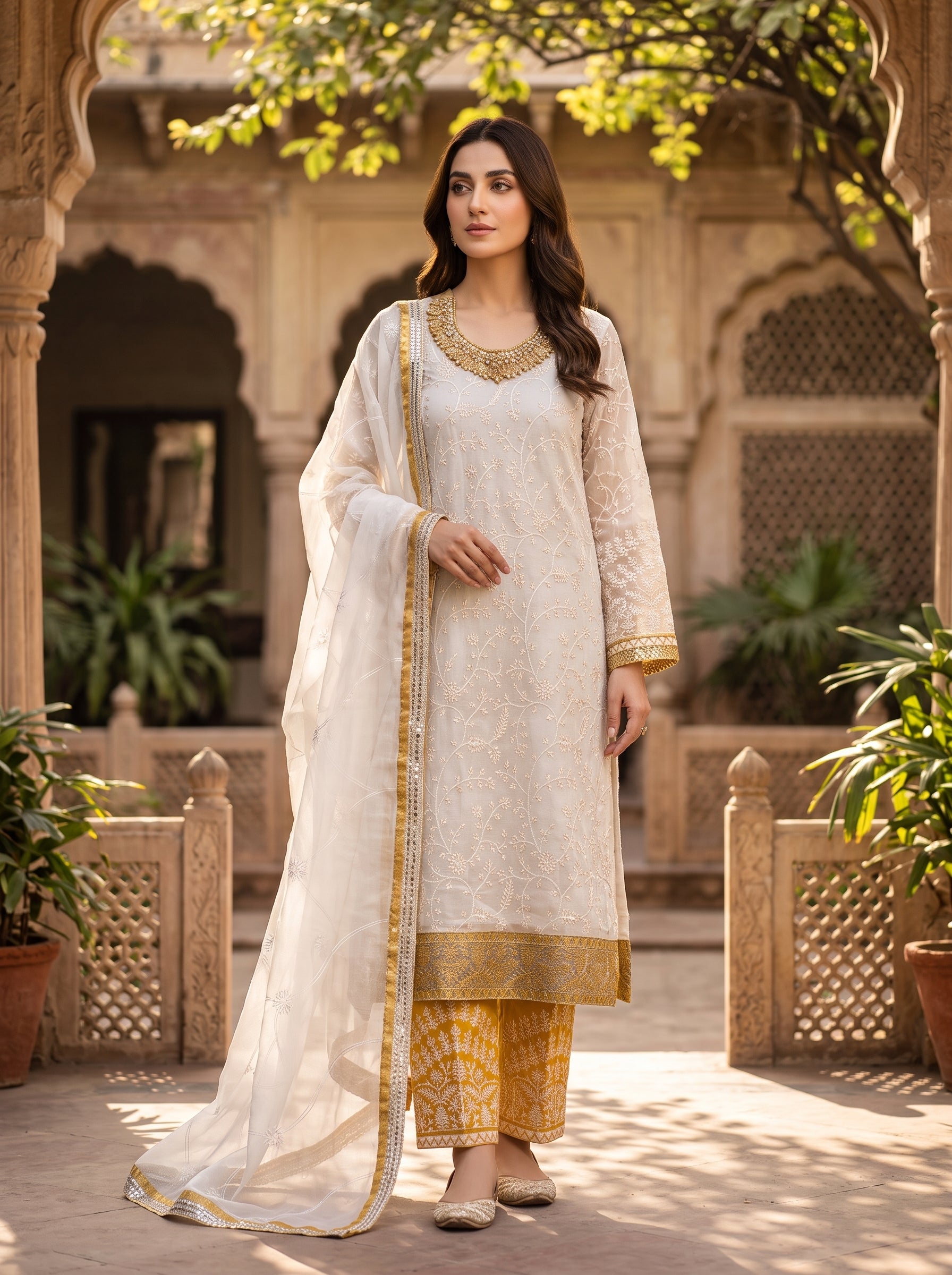 Off-White & Mustard Embroidered 3-Piece Lawn Suit – Morning Show Edition
