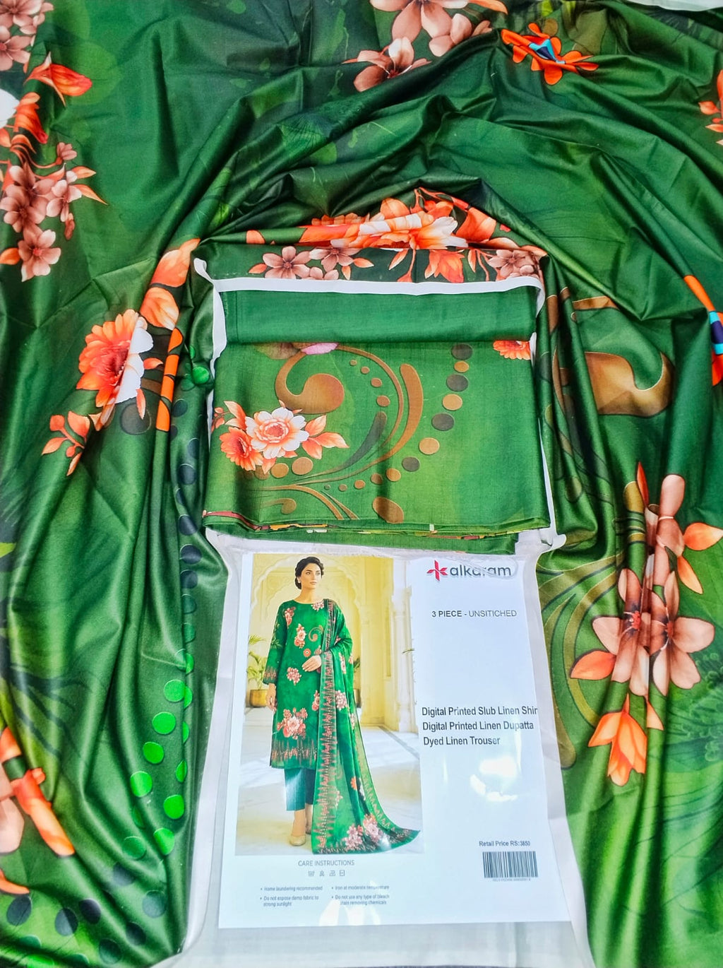 Alkaram Printed Slub Linen 3 Piece Unstitched Suit