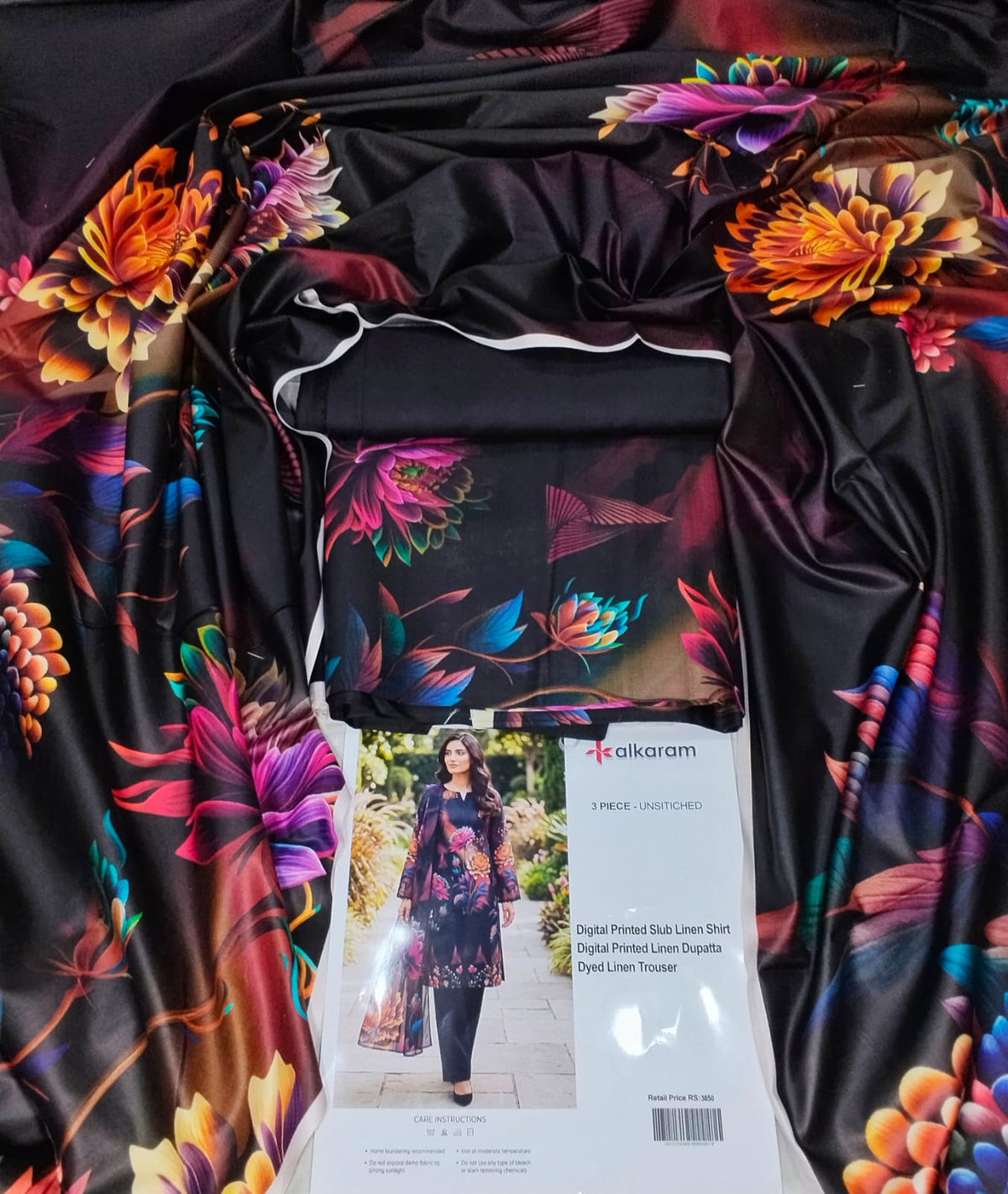 Alkaram Printed Slub Linen 3 Piece Unstitched Suit