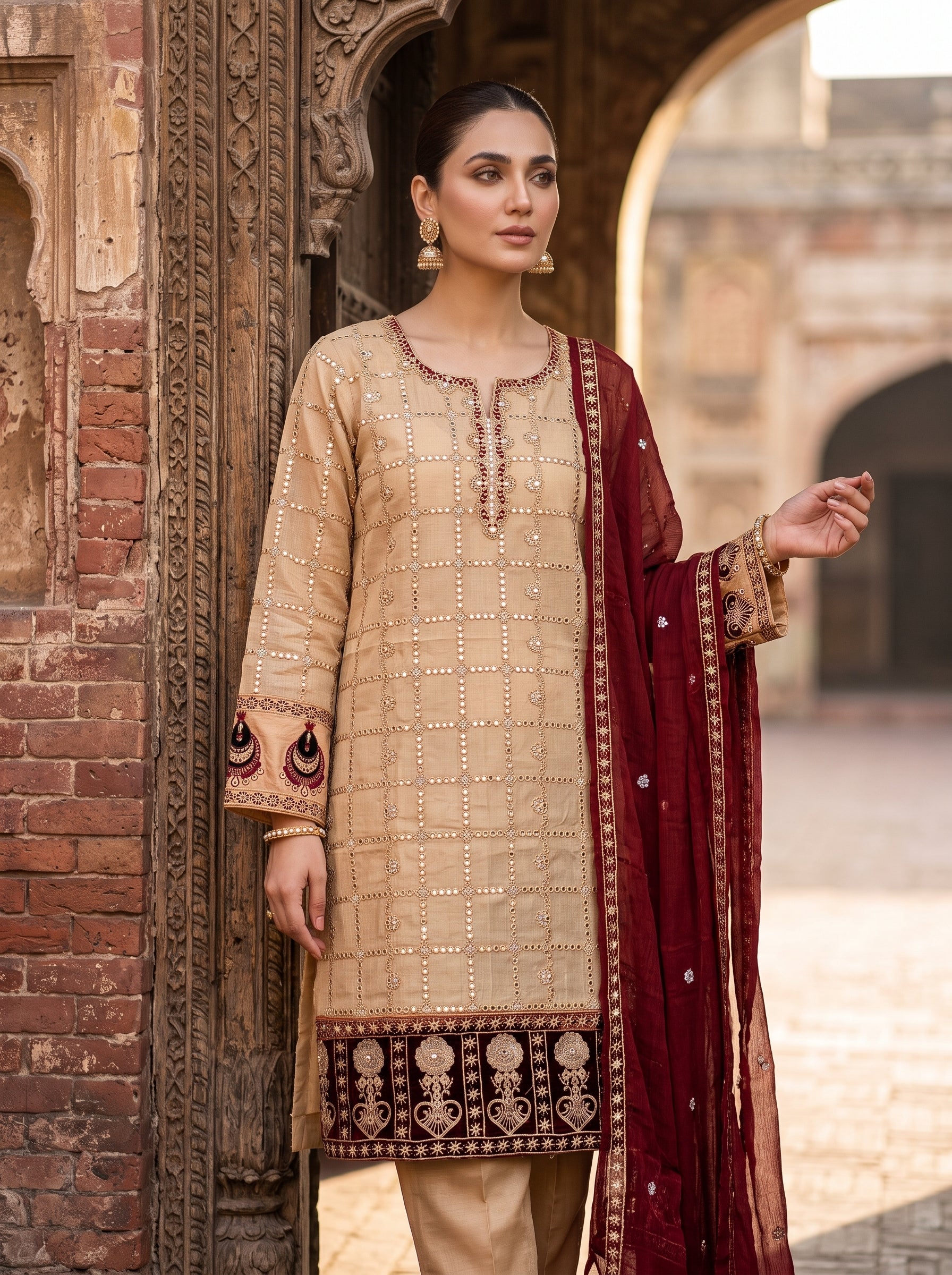 Beige Gold Mirror-Work Embroidered 3-Piece Lawn Suit – Morning Show Edition