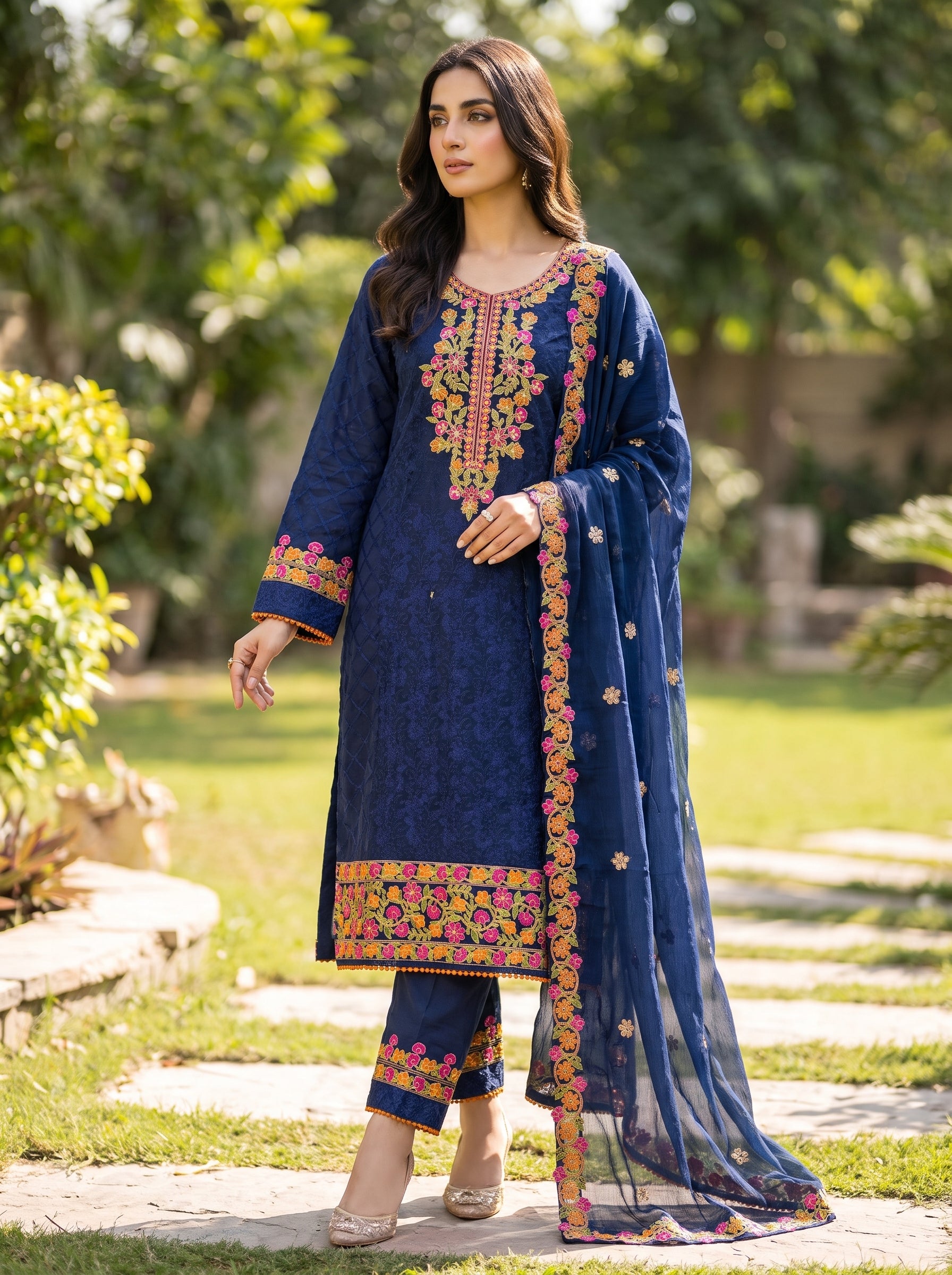 Deep Navy Blue Floral Cross-Stitch Embroidered 3-Piece Suit – Morning Show Edition